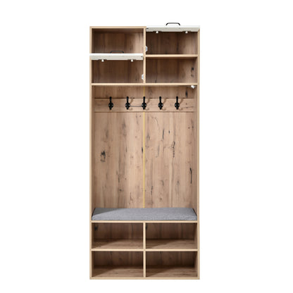 Kapstok – Halmeubel – Garderoberek – Zitbank – Opbergmeubel – 5 Haken – 2 Deuren Met 6 Open Vakken – Natuurlijk Hout Met Wit – 80x185x35 cm