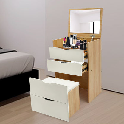 CNCEST Modern Compact Vanity Desk with Makeup Stool - 3-Drawer Storage, Flip-Top Mirror, Space-Saving Design, Sturdy Hardwood Construction, Cream White/Cream Pink/Log Finish for Small Spaces, Dorm, Apartment, Studio, Makeup V