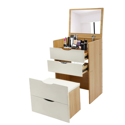 Makeuptafel – Kaptafel – Schminktisch – Cosmeticatafel – Make-up Bureau – Compact Ontwerp – Hardhouten Constructie – 3 Lades – Flip-Top Spiegel – Houtkleur & Crème Wit