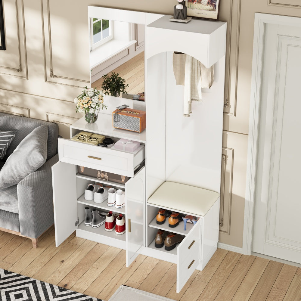 Gangkast – Halmeubel – Garderobekast – Opbergkast – Schoenenkast – Modern Design – Compact Met Spiegel – Witte Kast Met Gouden Accenten