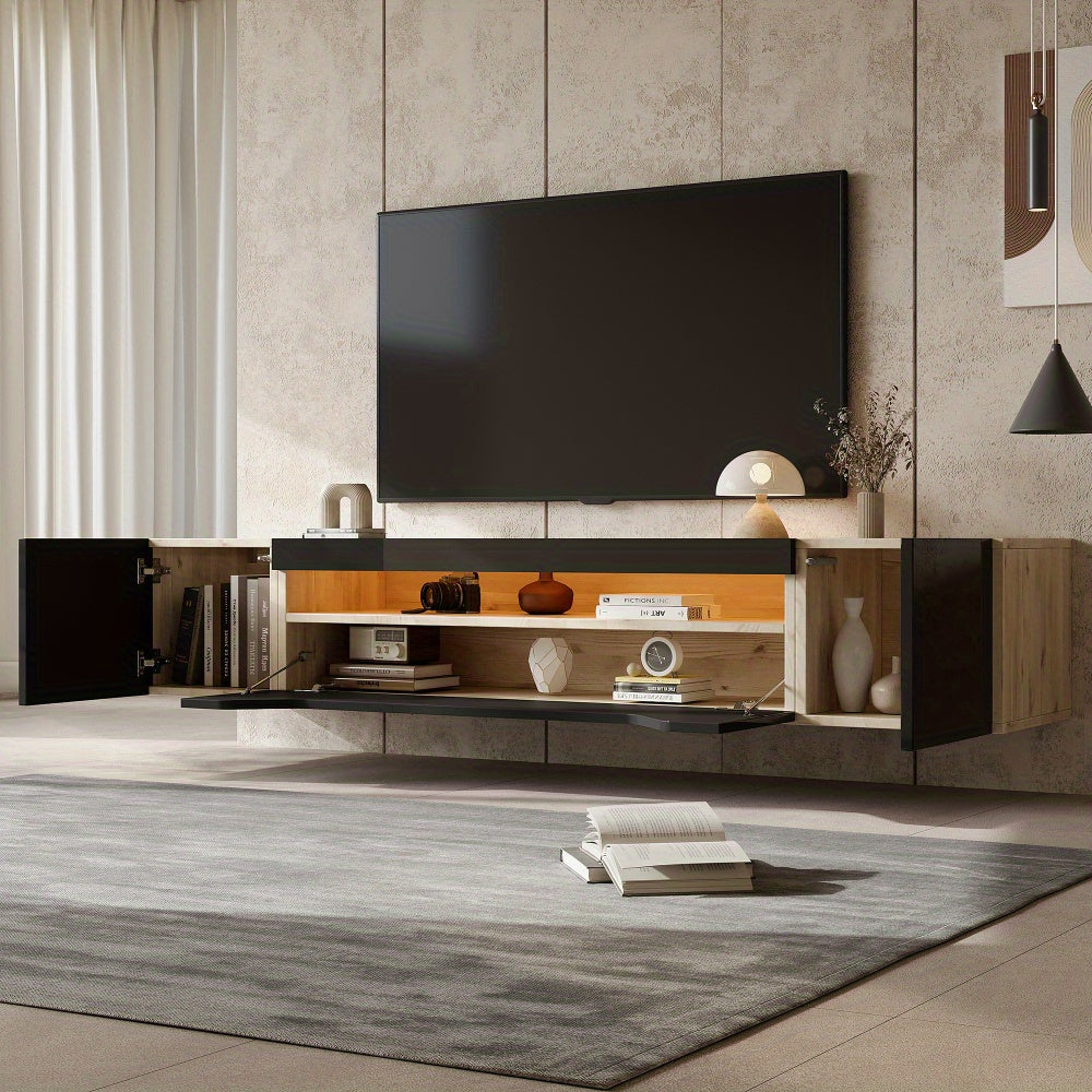 Modern TV Stand for 75-Inch TVs - Heavy-Duty Metal Entertainment Center with 3 Storage Compartments, Floating Wall Cabinet, Space-Saving Low Profile Design, Easy Assembly, for Living Room, Home Theater - Black & Natural Wood