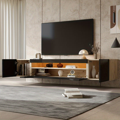 Modern TV Stand for 75-Inch TVs - Heavy-Duty Metal Entertainment Center with 3 Storage Compartments, Floating Wall Cabinet, Space-Saving Low Profile Design, Easy Assembly, for Living Room, Home Theater - Black & Natural Wood
