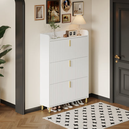 Narrow Space-Saving White Shoe Cabinet with 3-Tier Stops & 6-Compartment Shoe Rack - Adjustable -Standing Entryway Storage Unit with Anti-Tilt Device, Compact Modern Shoe Suitable for Hallway, Apartment, Small