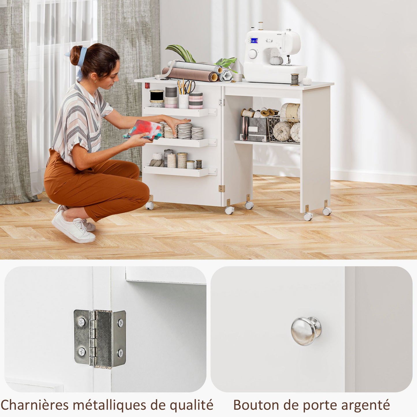 Naaitafel – Naaikast – Werktafel – Hobbytafel – Creatieve Tafel – Inklapbaar Werkblad – Stevig Houten Frame – Opbergruimte Met Wieltjes – Wit – 118x40x79,5 cm