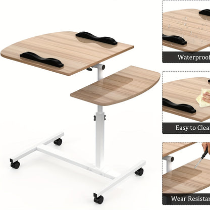 Height Adjustable Mobile Computer Desk, 60x40x61.5-96.5cm Rolling Workstation with Lockable Wheels/Anti-Slip Bars, Portable Laptop Desk for Home Office | Easy to Assemble (Wood Color)
