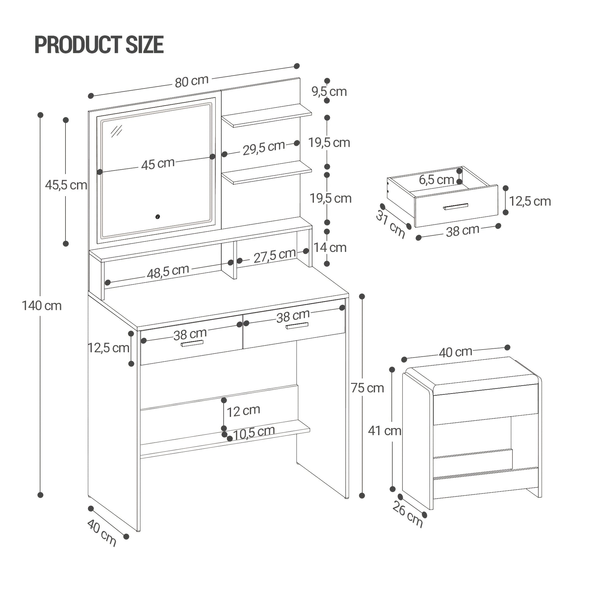 Jewelry Cabinet, Dressing Table With Adjustable LED Lights, Accessory Storage, Rechargeable AC Socket And USB Port, Vanity Makeup With Soft Dressing Stool, 2 Drawers, Open Organisers, For Bedroom, Cloakroom, White, Jewelry Bo - QUORE