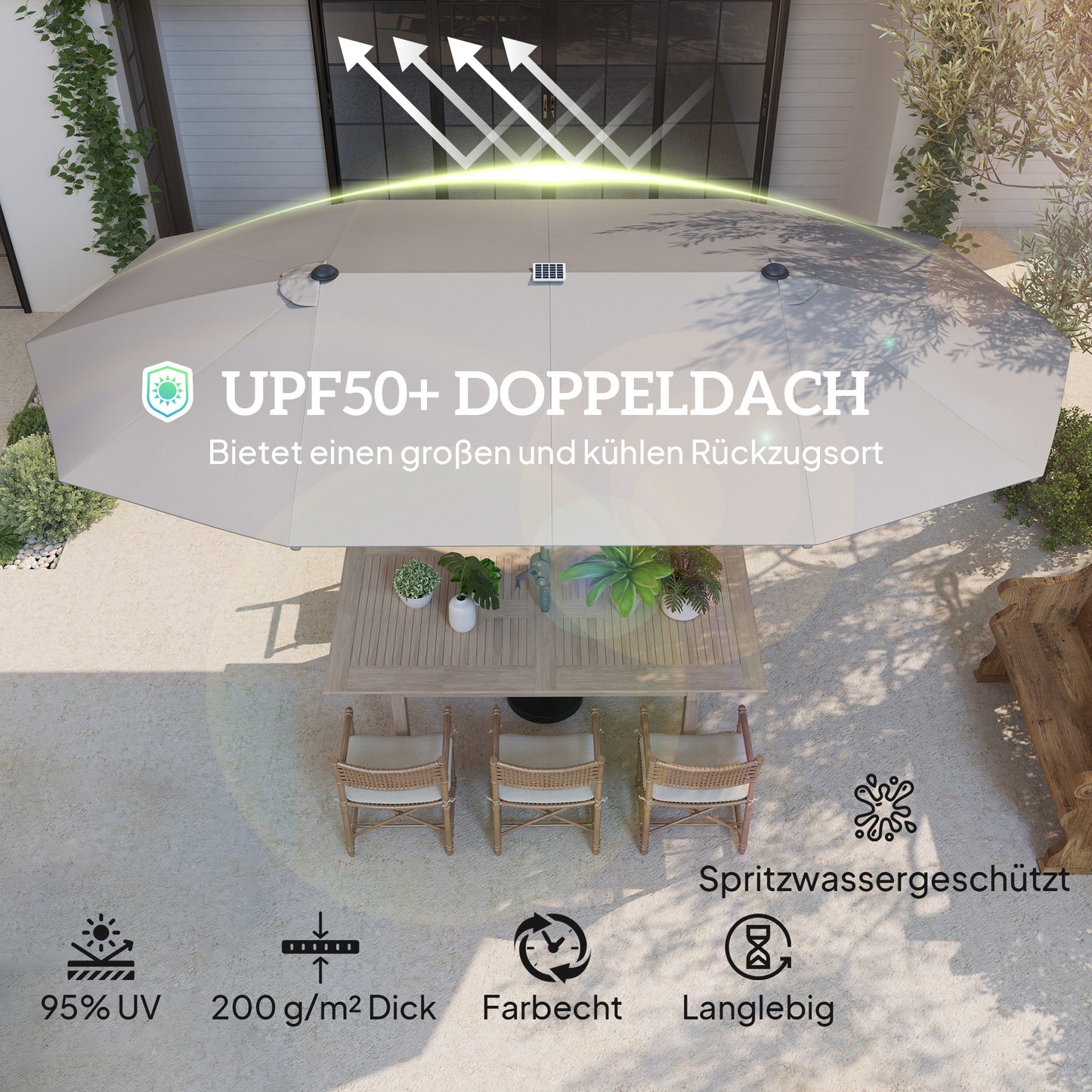 Dubbele Tuinparasol – Terrasparasol – Zweefparasol – Balkonparasol – UV-parasol – Donkergrijs – Ingebouwde Solar Led-Verlichting – UPF50+ UV-Bescherming