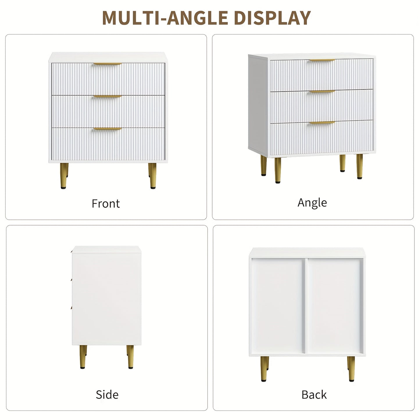 White & Golden Modern 3-Drawer Dresser - Compact Fluted Cabinet with Golden Accent Legs & Knobs, Space-Saving Wood-Like (No Assembly Issues) - Small Chest of Drawers for Bedroom, Living Room, Entryway, Bedside Table/Nightstan