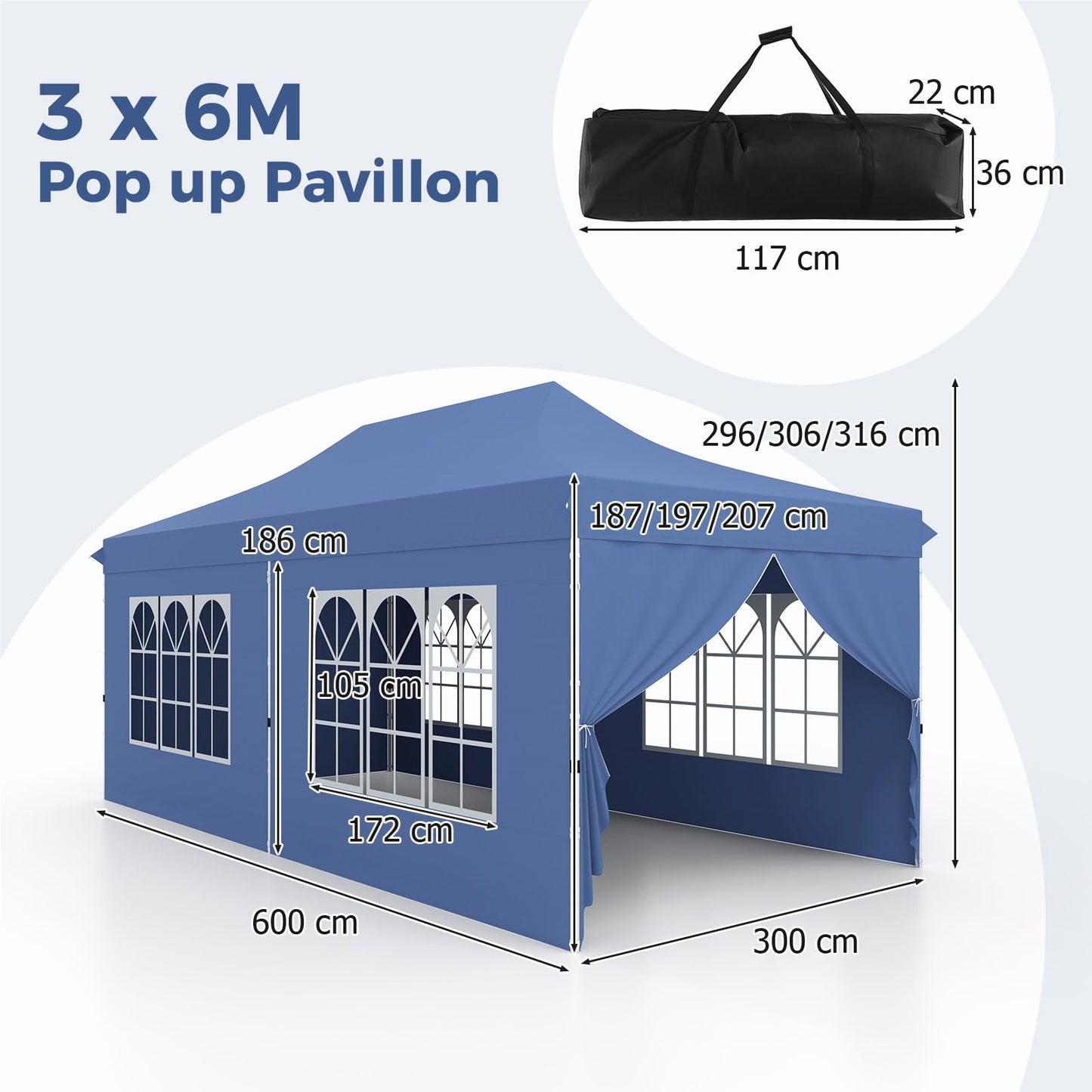 Paviljoen – Tuinpaviljoen – Partytent – Tenten – Overkapping – 3 x 6 Meter – Waterdicht Met UV Bescherming 50+ – Met 6 Zijwanden en Zandzakken – Blauw