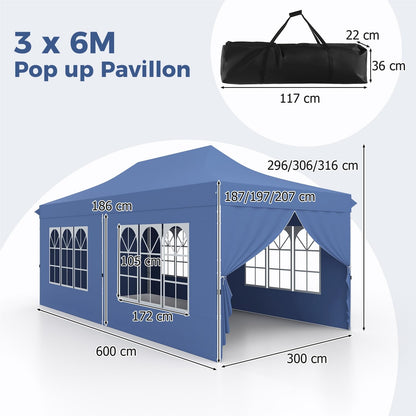 Paviljoen – Tuinpaviljoen – Partytent – Tenten – Overkapping – 3 x 6 Meter – Waterdicht Met UV Bescherming 50+ – Met 6 Zijwanden en Zandzakken – Blauw