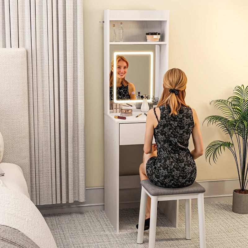 Compact Vanity Table with Large Mirror and Fold-down Tabletop | Hardwood, White, Includes Drawer and Open Desk Organizer, Ideal for Makeup, Gifts for Women, Christmas and Birthday Presents