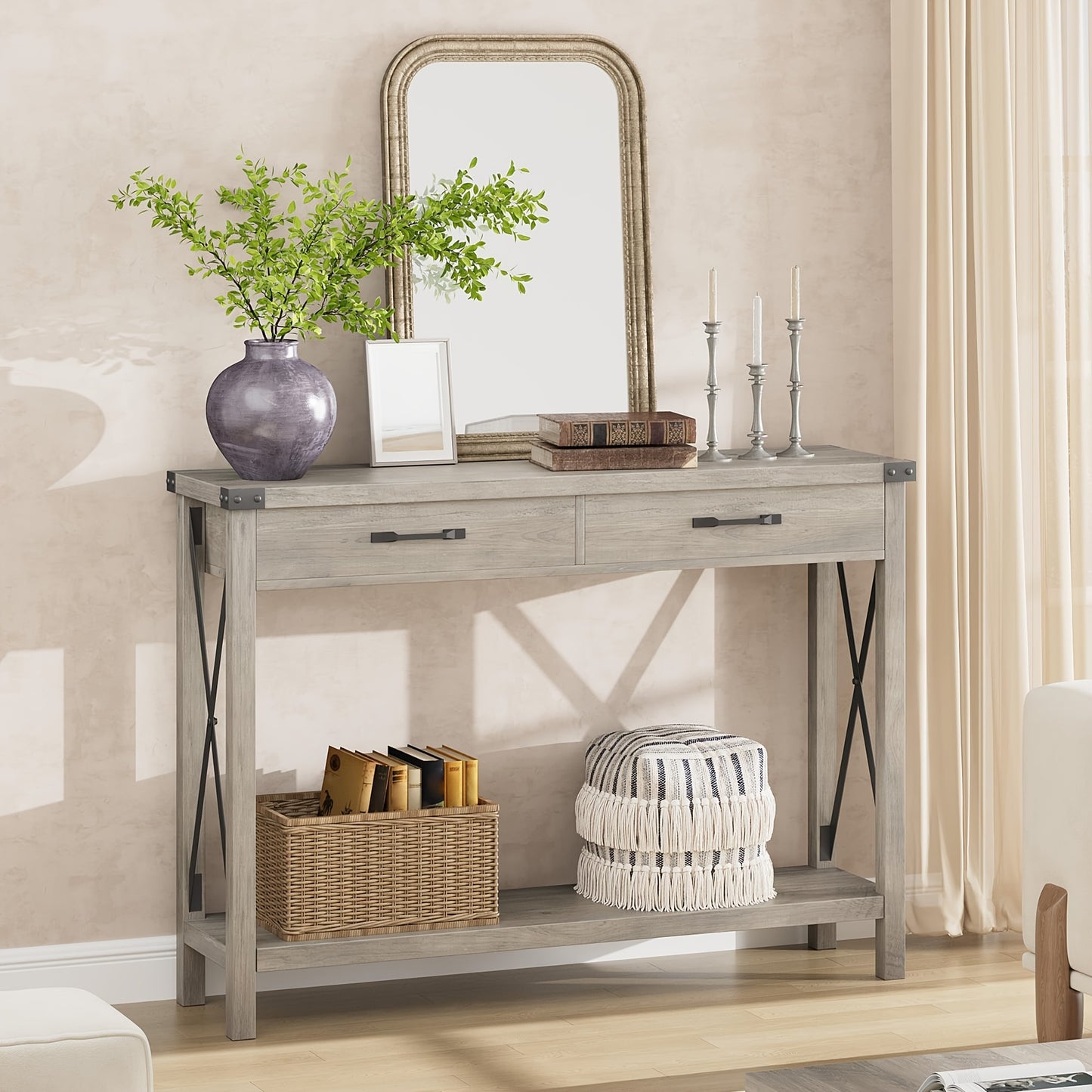 Industrial 78.74cm Console Table with Drawers & Open Shelf - Solid Narrow Sofa Table, Grey/Black-Finished Entryway Hall Table, Space-Saving 2-Tier for Living Room, Corridor, No Assembly Required (Modern Farmhouse Style)