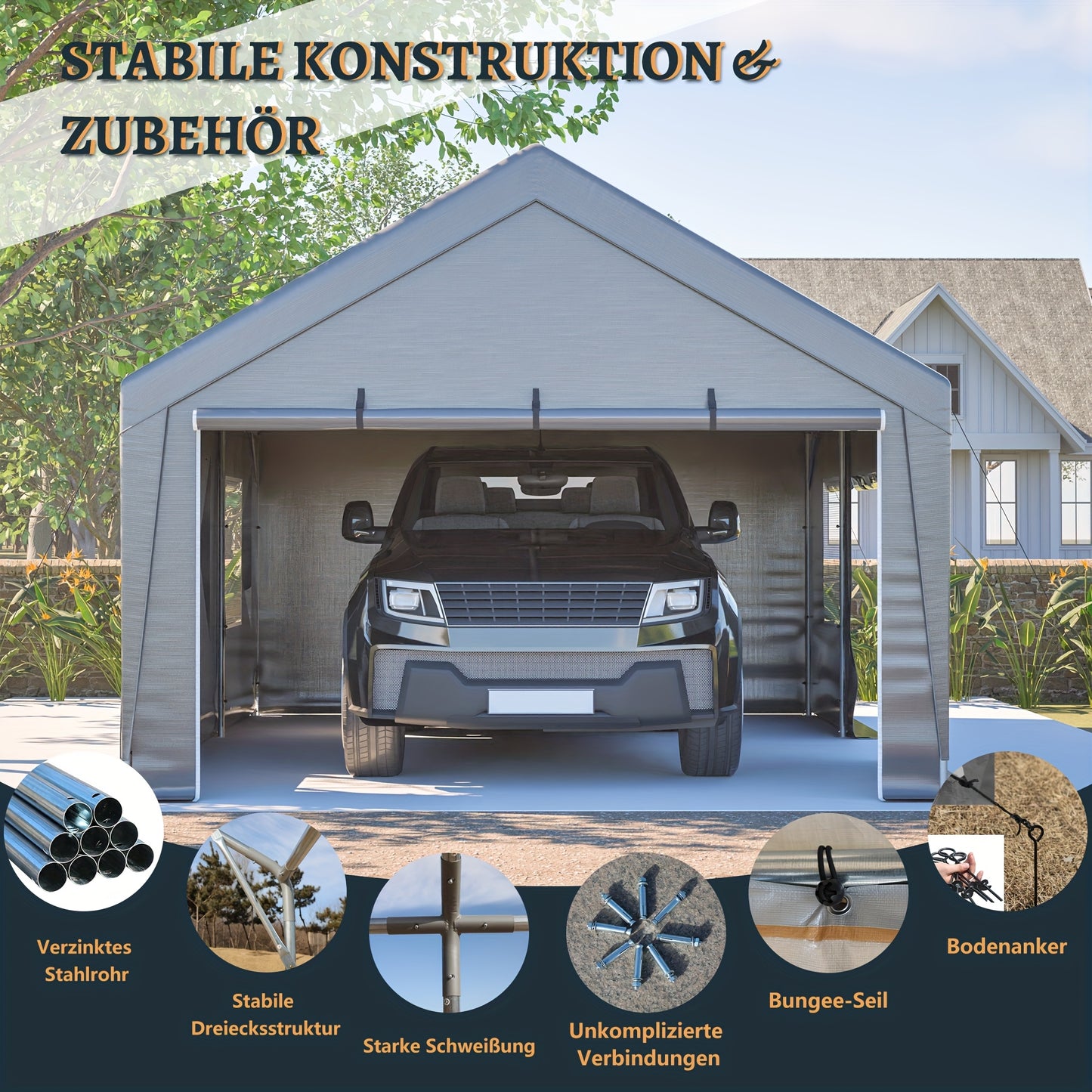 Carport – Overkapping – Tuinoverkapping – Garage – Tentgarage – 6x4x3 Meter – Waterdicht Met Rolluik Deuren