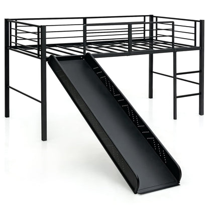 Laag Hoogslaper – Kinderbed – Speelbed – Stapelbed – Glijbaanbed – Veilig Stalen Frame – 74 cm Hoog Met Glijbaan – Zwart