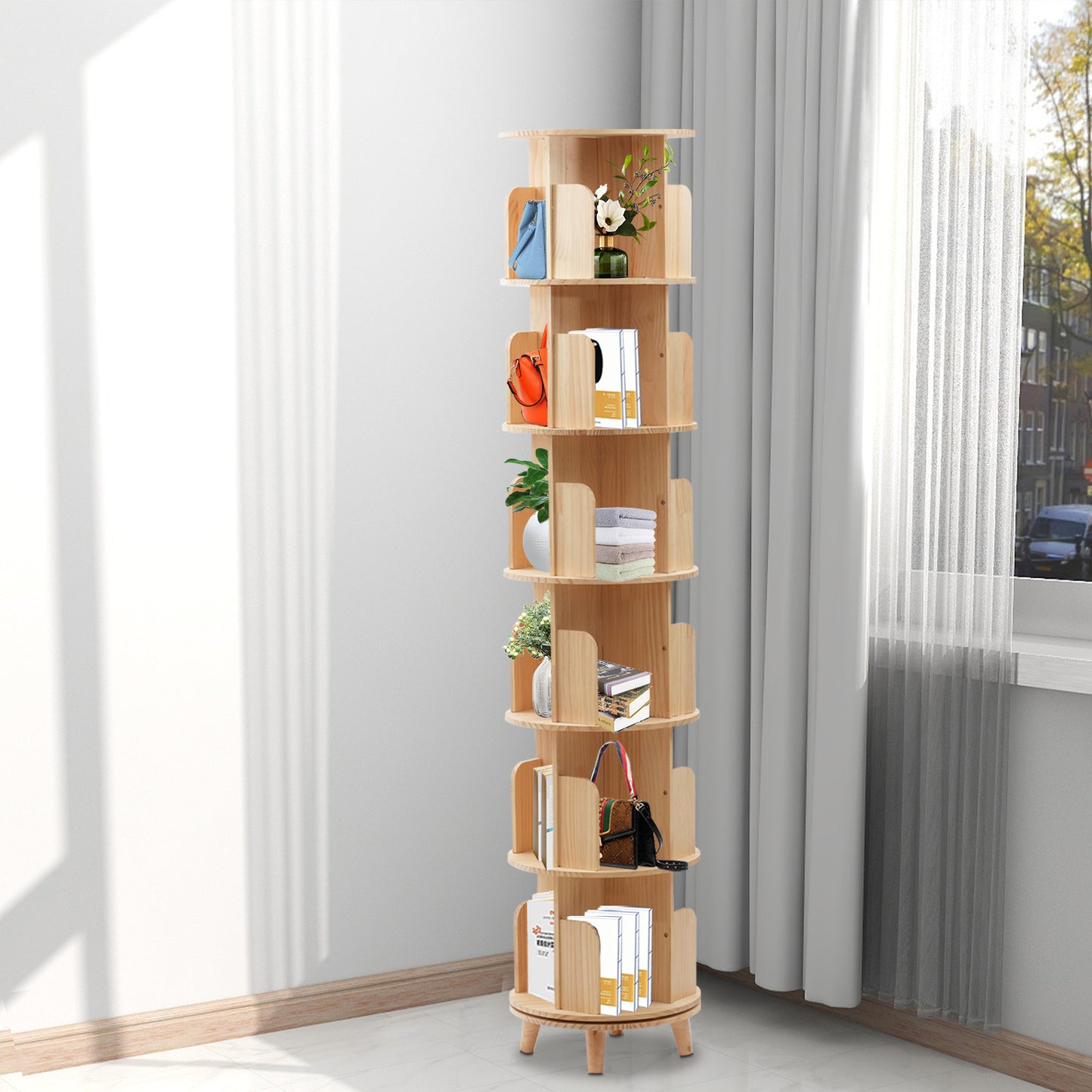 Boekenrek – Boekenkast – Boekenplank – Opbergkast – Wandrek – 6-laags Draaibaar – Massief Grenenhout – 360° Rotatie – Ruimtebesparend & Stevig
