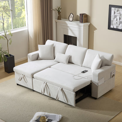Hoekbankbed – Slaapbank – L-vormige Bank – Bedbank – Slaapbankbed – Lichtbeige Linnen – Opbergruimte – Compact & Comfortabel