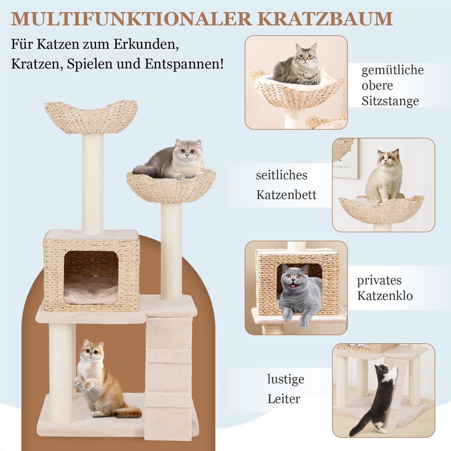 Krabpaal – Kattenpaal – Klimpaal – Krabmeubel – Krabton – Multilevel Klim- en Speelpaal – Sisal Krabpalen – Handgeweven Rattan Met Kussen – Beige – 122 Cm Hoog