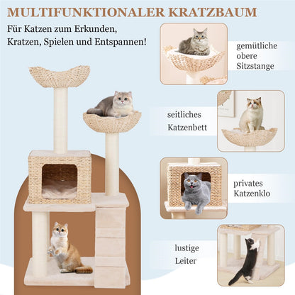 Krabpaal – Kattenpaal – Klimpaal – Krabmeubel – Krabton – Multilevel Klim- en Speelpaal – Sisal Krabpalen – Handgeweven Rattan Met Kussen – Beige – 122 Cm Hoog