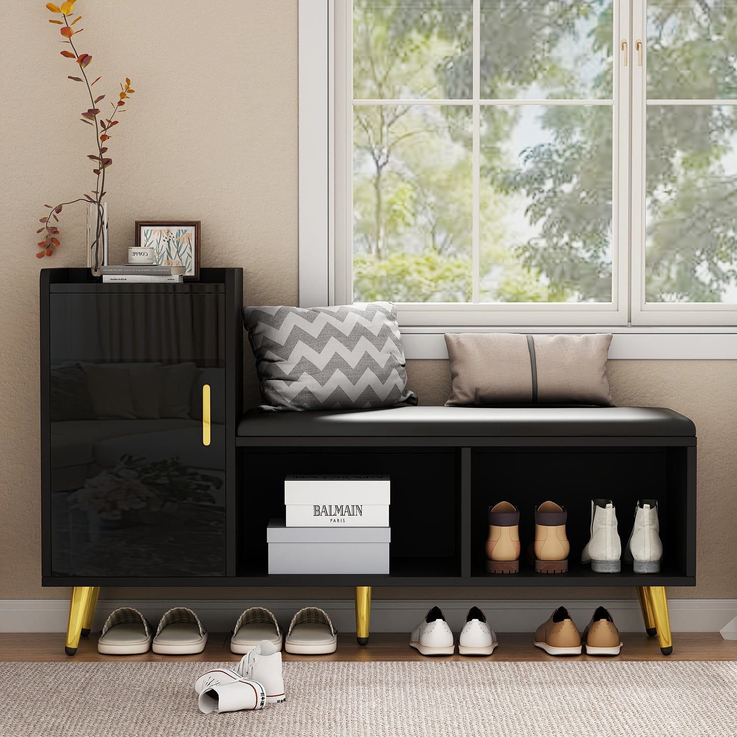 Schoenenbankje – Schoenenkast – Schoenenopberger – Schoenenrek – Schoenenbank – Bamboe Materiaal – Hoogglans Zwarte Afwerking – Ruimtebesparend Design – Goudkleurige Accenten
