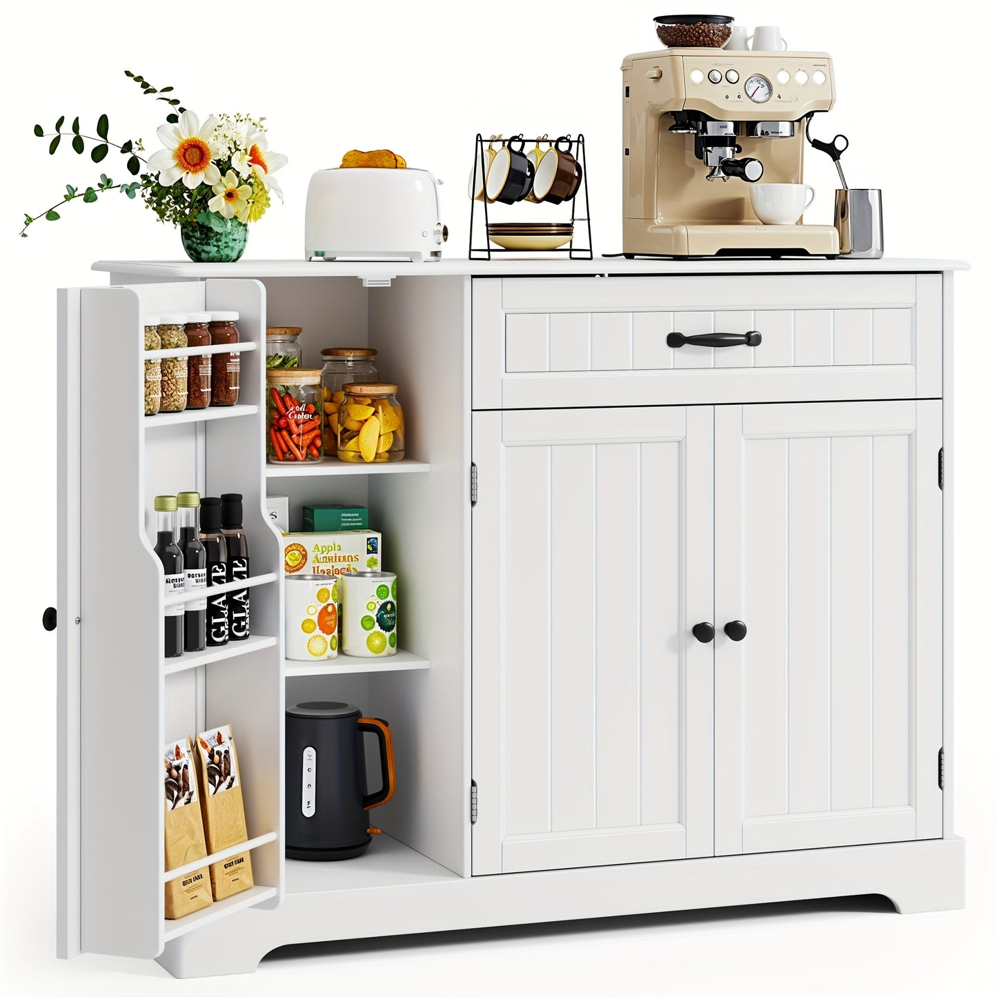 Opbergkast – Kasten – Dressoir – Sidetable – Kastje – Vrijstaand – Wit Retro Bruin – Hardhouten Constructie – Ruime 3-Deurs + Ladenkast – 3,2 Kubieke Voet Opslag