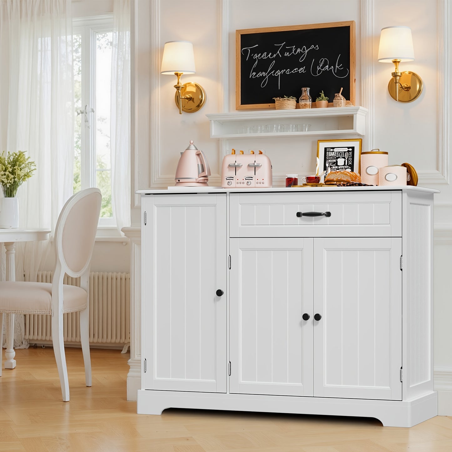 Opbergkast – Kasten – Dressoir – Sidetable – Kastje – Vrijstaand – Wit Retro Bruin – Hardhouten Constructie – Ruime 3-Deurs + Ladenkast – 3,2 Kubieke Voet Opslag