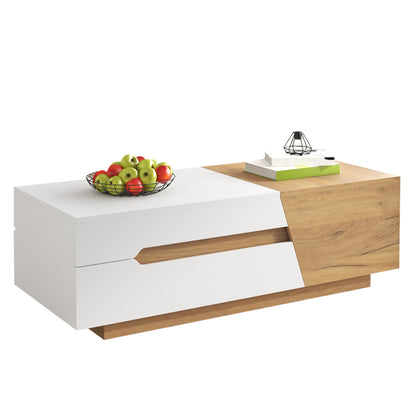 Salontafel – Koffietafel – Woonkamertafel – Bijzettafel – Uitschuifbare Tafel – MDF Houtlook Wit – Met Opberglades – 120x50x37,5 cm