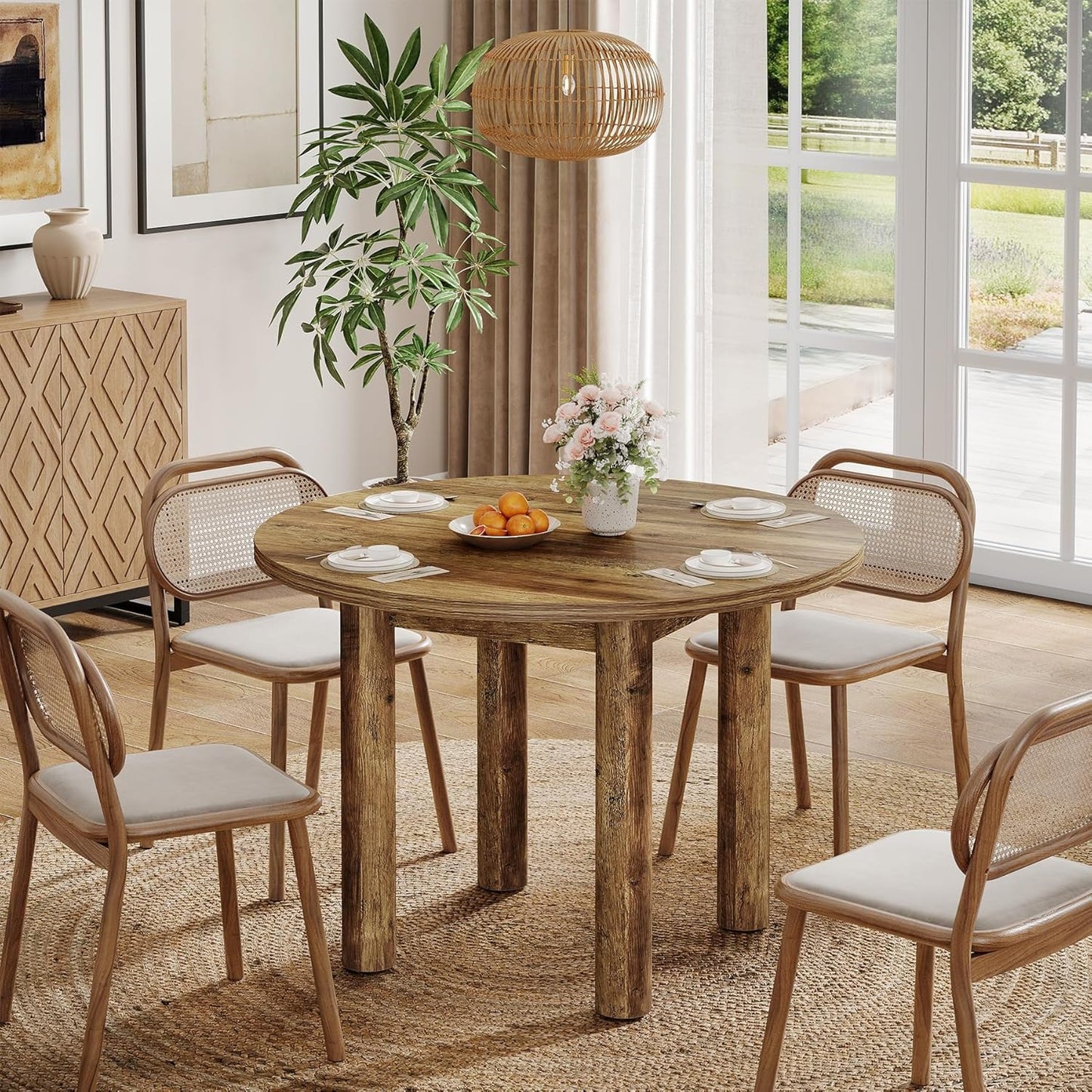 Ronde Eettafel – Eettafel Rond – Keukentafel – Tafel Voor 4 Personen – Landelijke Tafel – 99 cm Diameter – Stevig Geforceerd Hout – Bruine Houtnerfafwerking
