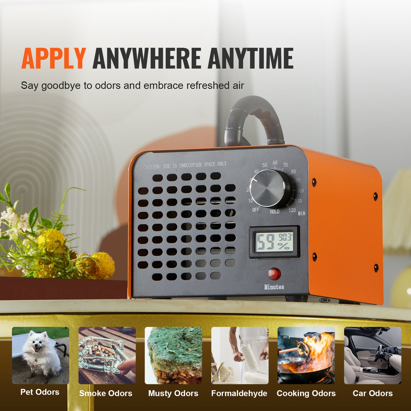 Ozongenerator – Ozonisator – Luchtzuiveraar – Geurverwijderaar – Air Purifier – 12000 mg/h Ozonproductie – Timer 0-120 Minuten met Vochtigheidsdisplay