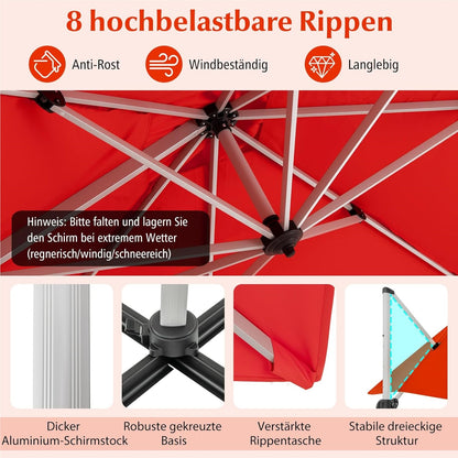 Rechthoekige Parasol – Terrasparasol – Tuinparasol – Marktparasol – Vlagparasol – 300 x 300 cm – 360° Draaibaar – Verstelbare Kantelfunctie – Rood