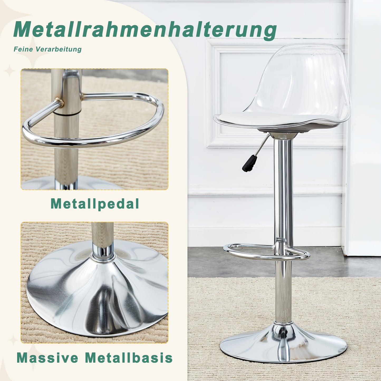 Barkrukken – Barkruk Set – Barstoelen – Keukenkrukken – Witte metalen poten – 360° Draaibaar – Verstelbare Hoogte 81,8-99 cm