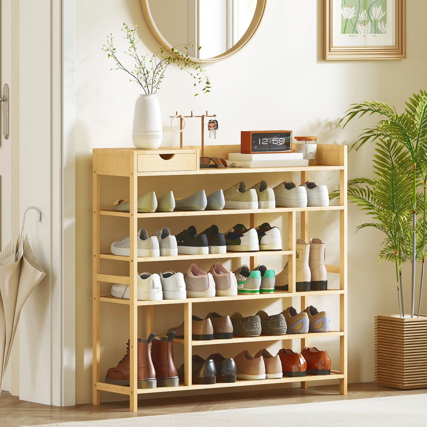 Schoenenkast – Schoenenrek – Schoenopberger – Schoenenschuifkast – Schoenmeubel – Bamboe Met Lade – Ruimte Voor 18 Paar Schoenen – Compact 101x30x100 cm