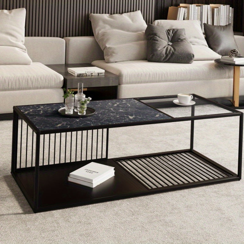 Salontafel – Koffietafel – Bijzettafel – Woonkamertafel – Tafel – Zwart – Metaal en Glas – Robuust Met Extra Opbergruimte