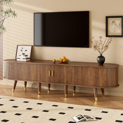 TV-kast – TV-meubel – Mediameubel – TV-dressoir – Tv-meubel met rieten schuifdeuren – Walnootkleur – 175 cm breed – Ruime opbergruimte – Duurzaam bamboemateriaal