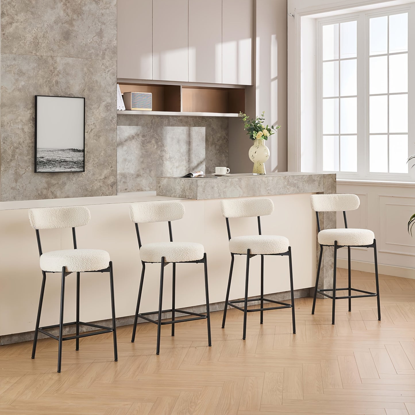 Set of 2 - Heavy-Duty Commercial/Residential Bar Stools with Backrest & Footrest, Modern Counter Height Chairs - No Assembly Needed, Sturdy Metal Legs & Boucle Upholstery - for Kitchen Island, Dining Room, Home Bar - Easy-Cle
