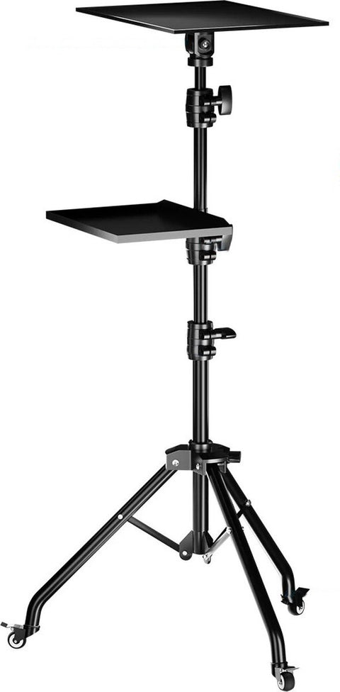 Projector Statief - Beamer Statief Met Laptop Verdieping - Met twee clips - Verstelbaar Standaard - Met Wieltjes - Zwart - Top Kwaliteit - 145CM - Professioneel Statief - Aluminium