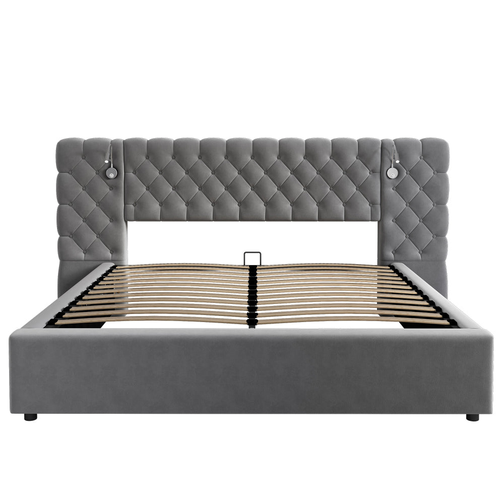 Bedkasten – Nachtkastje – Bijzettafel – Ladekast – Opbergkast – Tweepersoonsbed 160x200 cm – Hydraulisch Liftsysteem – Ruime Opbergruimte – Modern Grijs