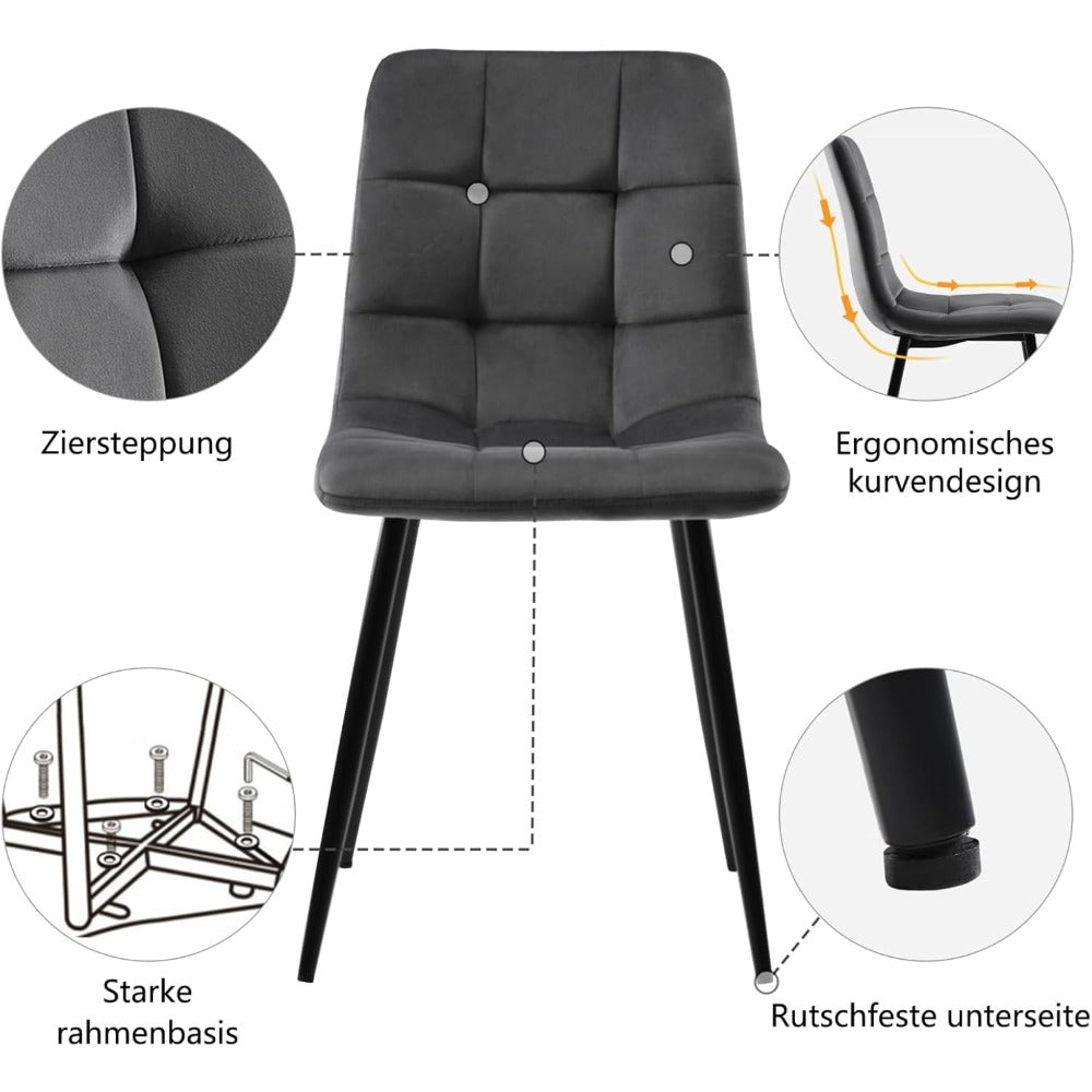 Eetkamerstoelen – Stoelenset – Velvet Stoelen – Zachte Stoelen – Metalen Stoelen – Donkergrijs – Set Van 4 – Geheugenfoam Zitting – Ergonomisch Design
