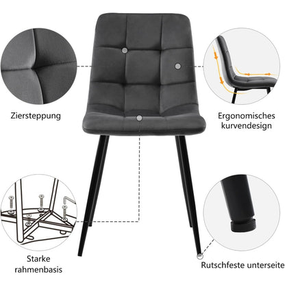 Eetkamerstoelen – Stoelenset – Velvet Stoelen – Zachte Stoelen – Metalen Stoelen – Donkergrijs – Set Van 4 – Geheugenfoam Zitting – Ergonomisch Design