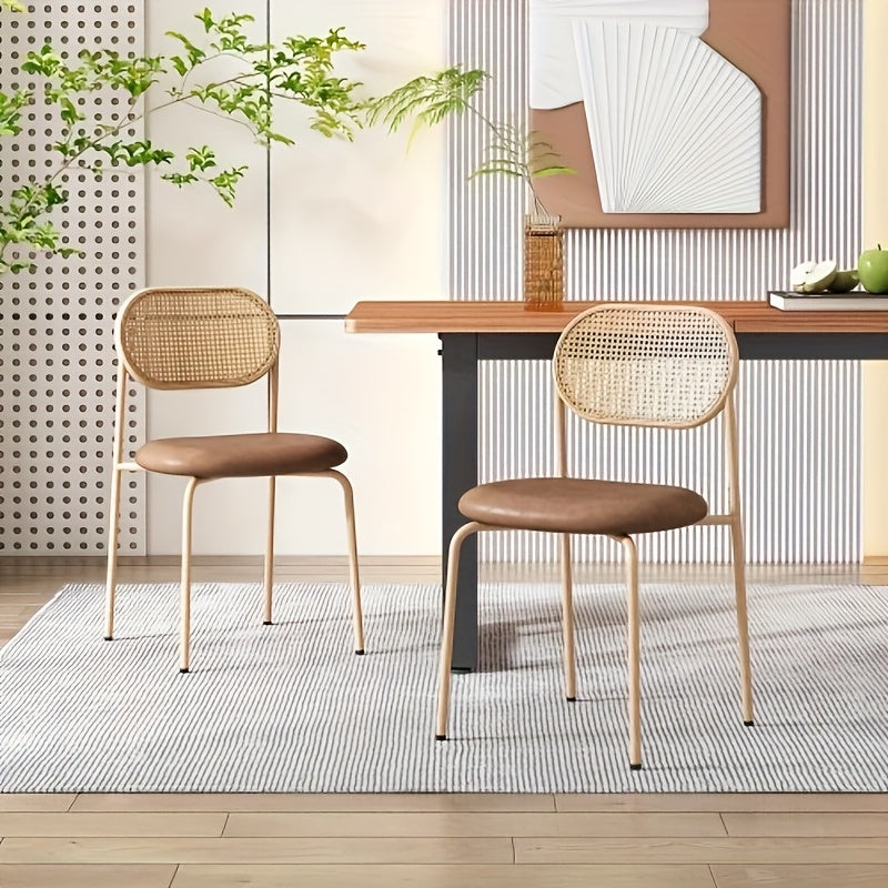 Set of 4 Modern Minimalist Brown Dining Chairs with Black Metal Legs & Wipe-Clean Cushioned Seats - Sturdy Metal Frame, Rattan Backrest & Armless Design for Kitchen, Living Room, Bedroom - Easy-Clean Surface, Hard Floor Compa