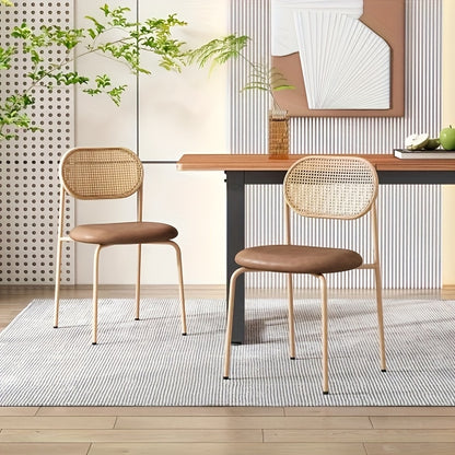 Set of 4 Modern Minimalist Brown Dining Chairs with Black Metal Legs & Wipe-Clean Cushioned Seats - Sturdy Metal Frame, Rattan Backrest & Armless Design for Kitchen, Living Room, Bedroom - Easy-Clean Surface, Hard Floor Compa