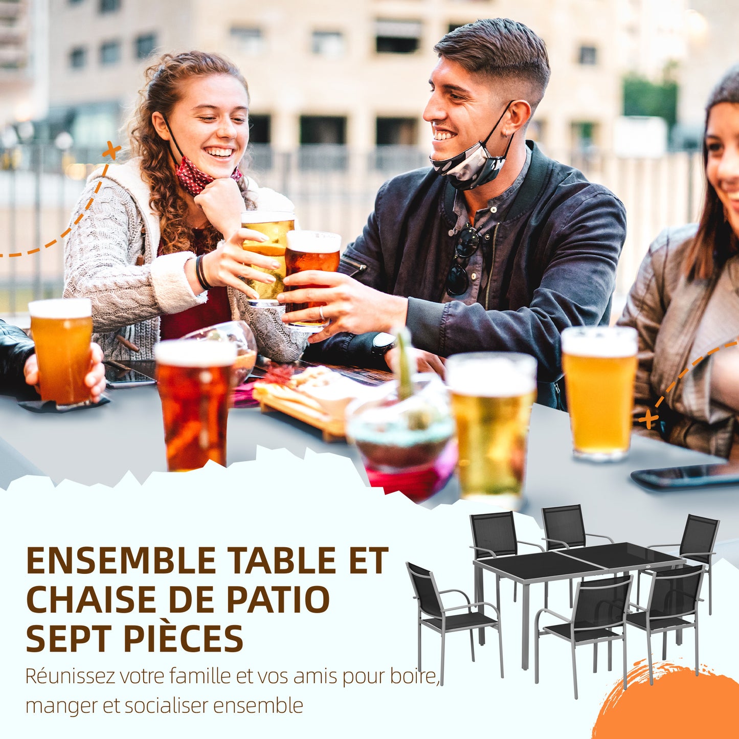 Tuinset – Tuinmeubelset – Bistroset – Loungeset – 7-delig – 6 Stapelbare Stoelen – Stalen Tafel Met Gehard Glas – Zwart