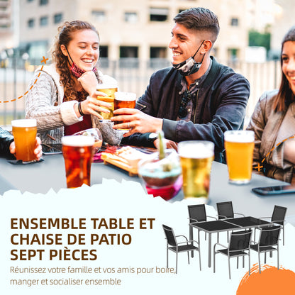 Tuinset – Tuinmeubelset – Bistroset – Loungeset – 7-delig – 6 Stapelbare Stoelen – Stalen Tafel Met Gehard Glas – Zwart