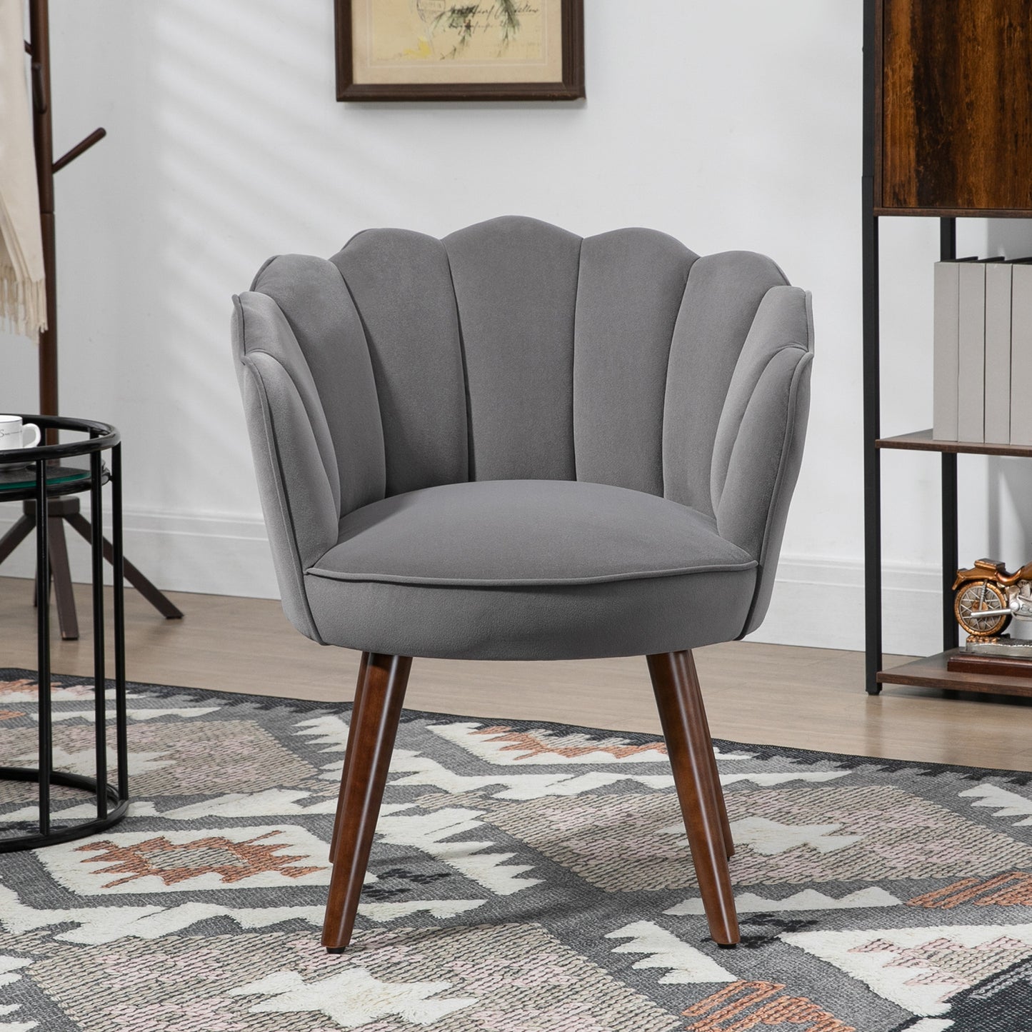 Lounge Stoel – Fauteuil – Relaxstoel – Leunstoel – Leesstoel – Donkergrijs – Fluweelachtig Stof – Schelpvorm Met Houten Poten