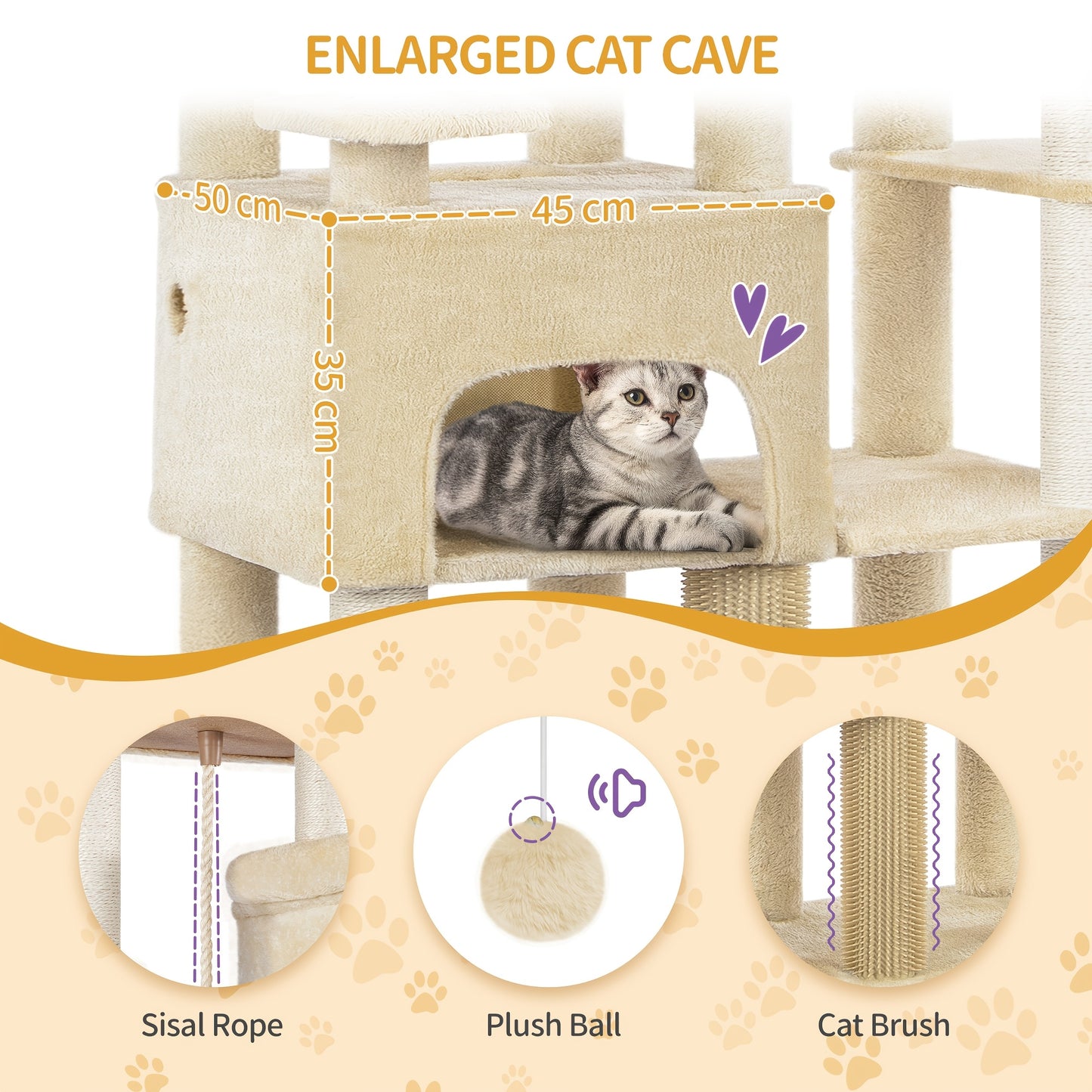 Cat Scratching Post 200cm XXL, Includes 10 Scratching Posts, 2 Cat Beds, 2 Hammocks, Large Platform, Cat Brush, Basket, Heavy-duty Cat Tree, Suitable for Maine Coons And Large Cats, Light Grey, Dark Grey, Beige, Pet Climbing - QUORE