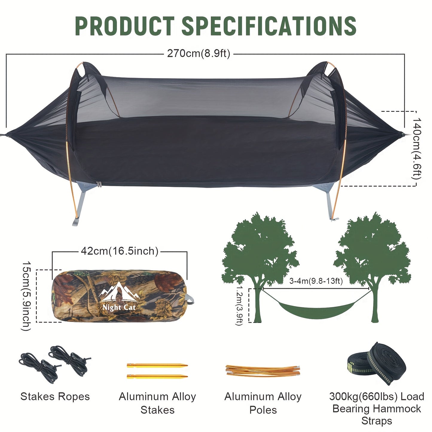 Hangmattent – Camping Hangmat – Buitenhangmat – Muggennet Tent – Backpacking Tent – Lichtgewicht – 200 kg Draagvermogen