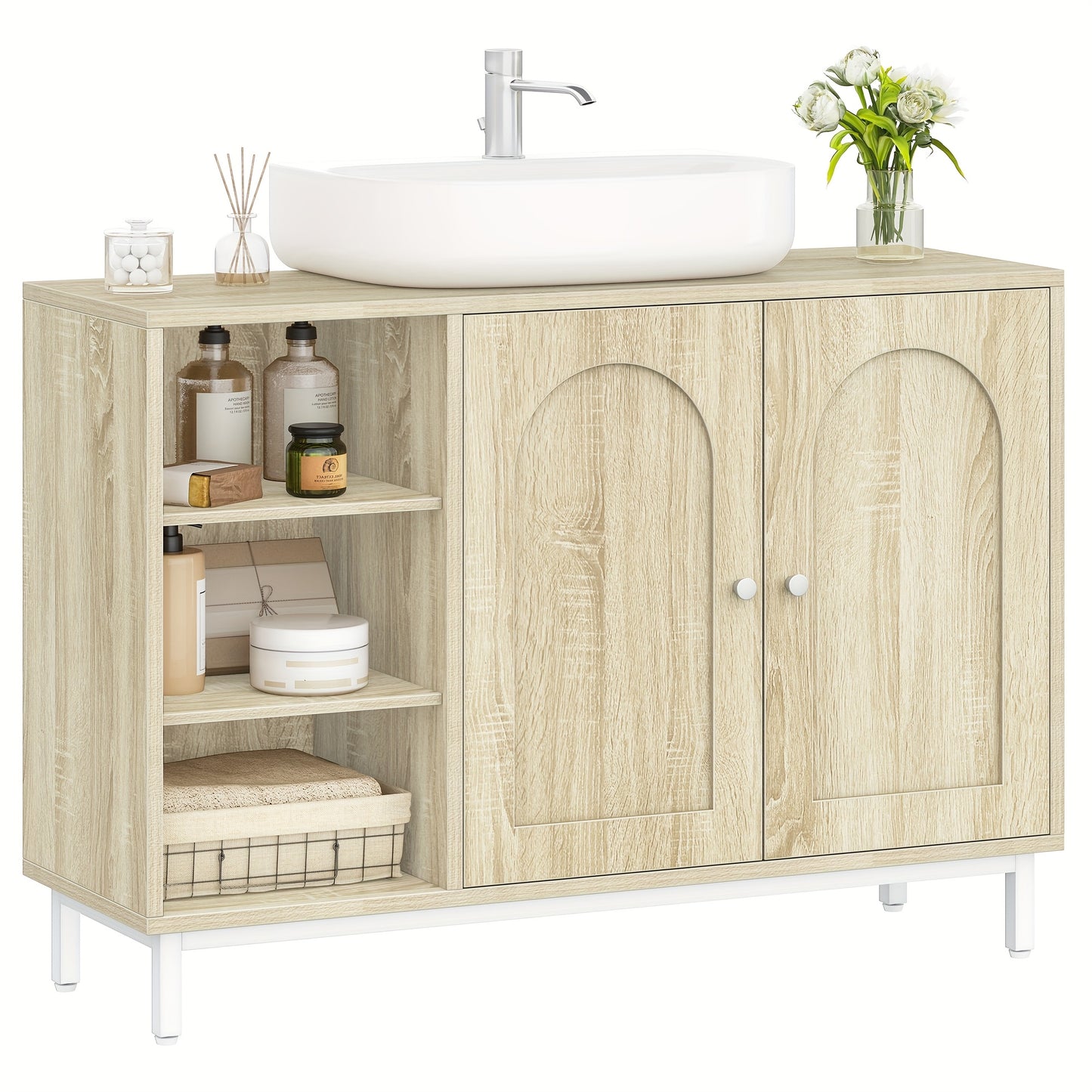 Badkamermeubel – Badkamerkast – Onderkast – Wastafelmeubel – Toiletmeubel – Licht Eiken – 2 Deuren Met Verstelbare Planken – Vochtbestendig P2 MDF Met Metalen Poten