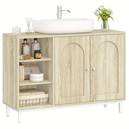 Badkamermeubel – Badkamerkast – Onderkast – Wastafelmeubel – Toiletmeubel – Licht Eiken – 2 Deuren Met Verstelbare Planken – Vochtbestendig P2 MDF Met Metalen Poten