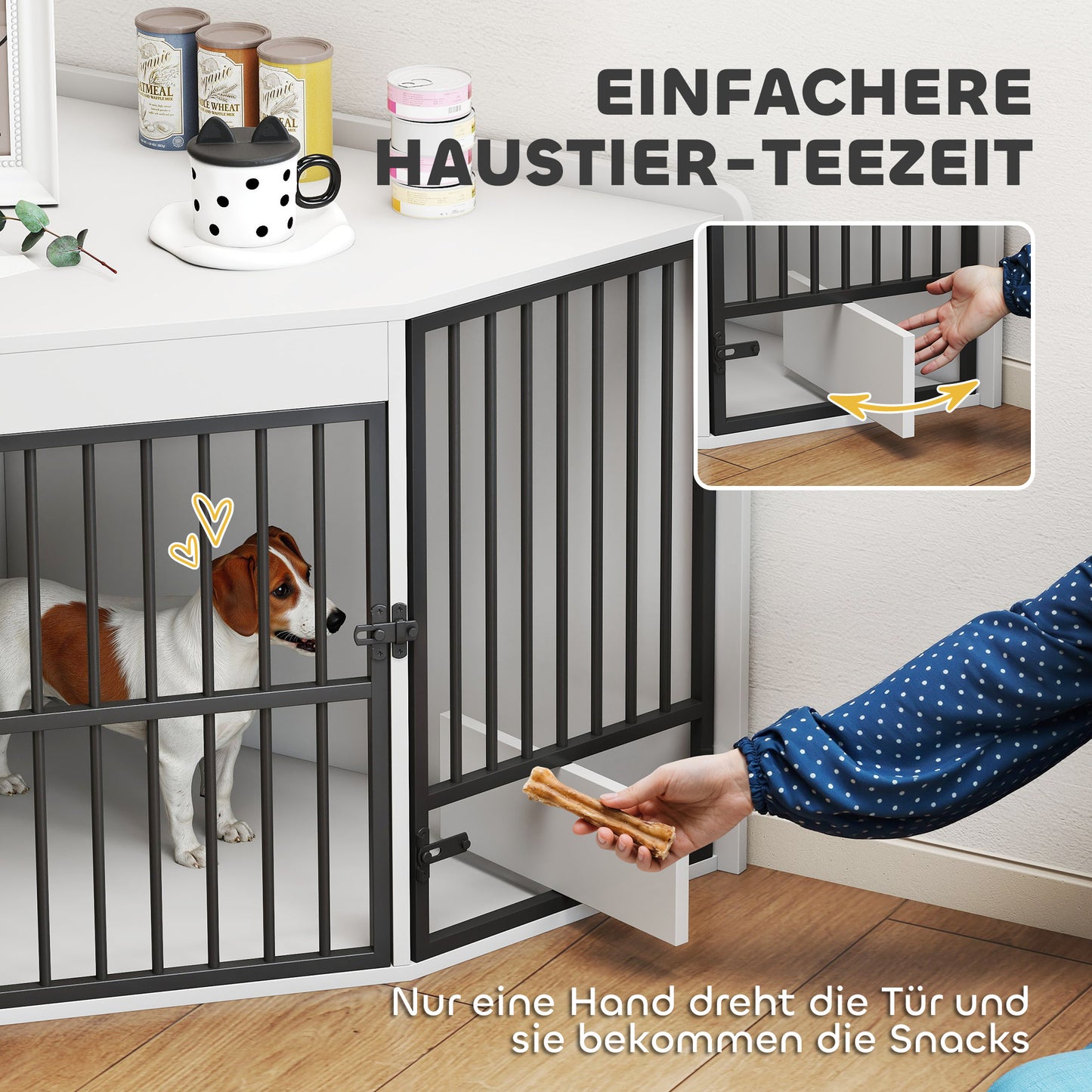 Hondenbench – Hondenhok – Hondenkooi – Transportbench – Reisbench – Hoekontwerp – Met Voerluik – Metaal & MDF – Wit – Voor Kleine en Middelgrote Honden