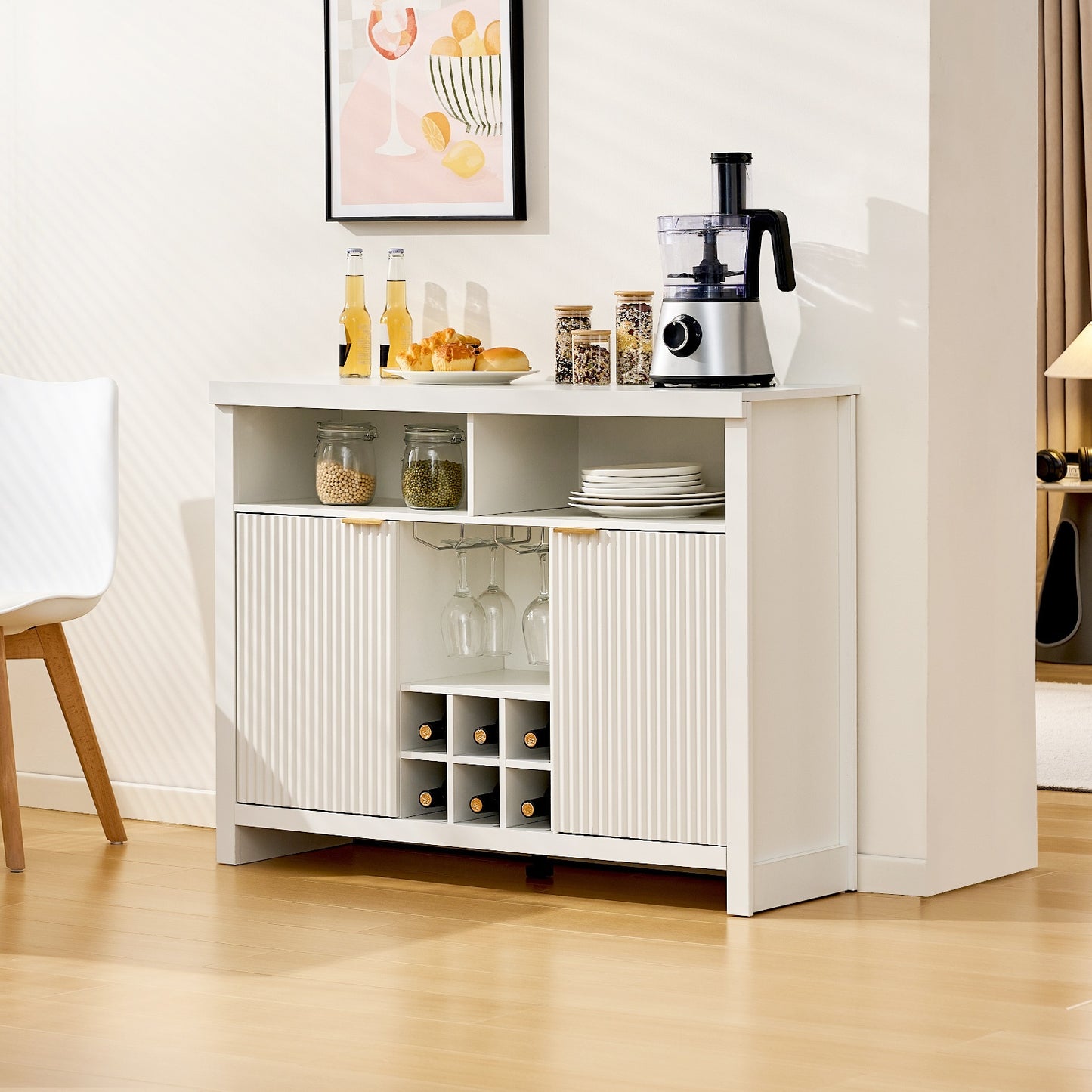 Dressoir – Sideboard – Buffetkast – Opbergkast – Keukenkast – Modern – Wijnrek Voor 6 Flessen – Glazenhouder Voor 4 Wijnglazen – MDF En Metaal – 105x40x85 cm