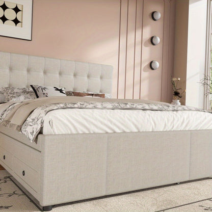 Gestoffeerd Tweepersoonsbed – Double Bed – Familiebed – Huwelijksbed – Opbergbed – 140x200 cm – Verstelbaar Hoofdbord – Beige Bekleding